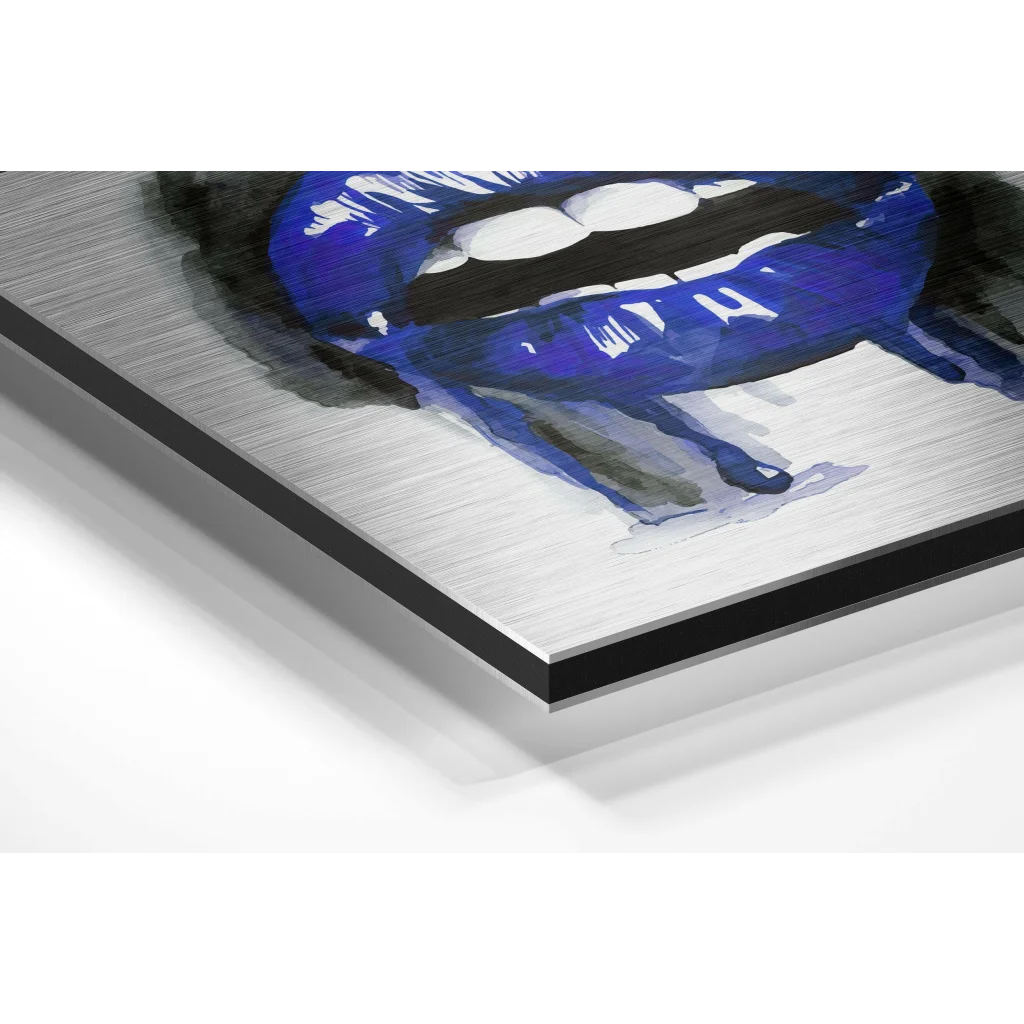 Blue watercolor lips on brushed aluminium dibond canvas