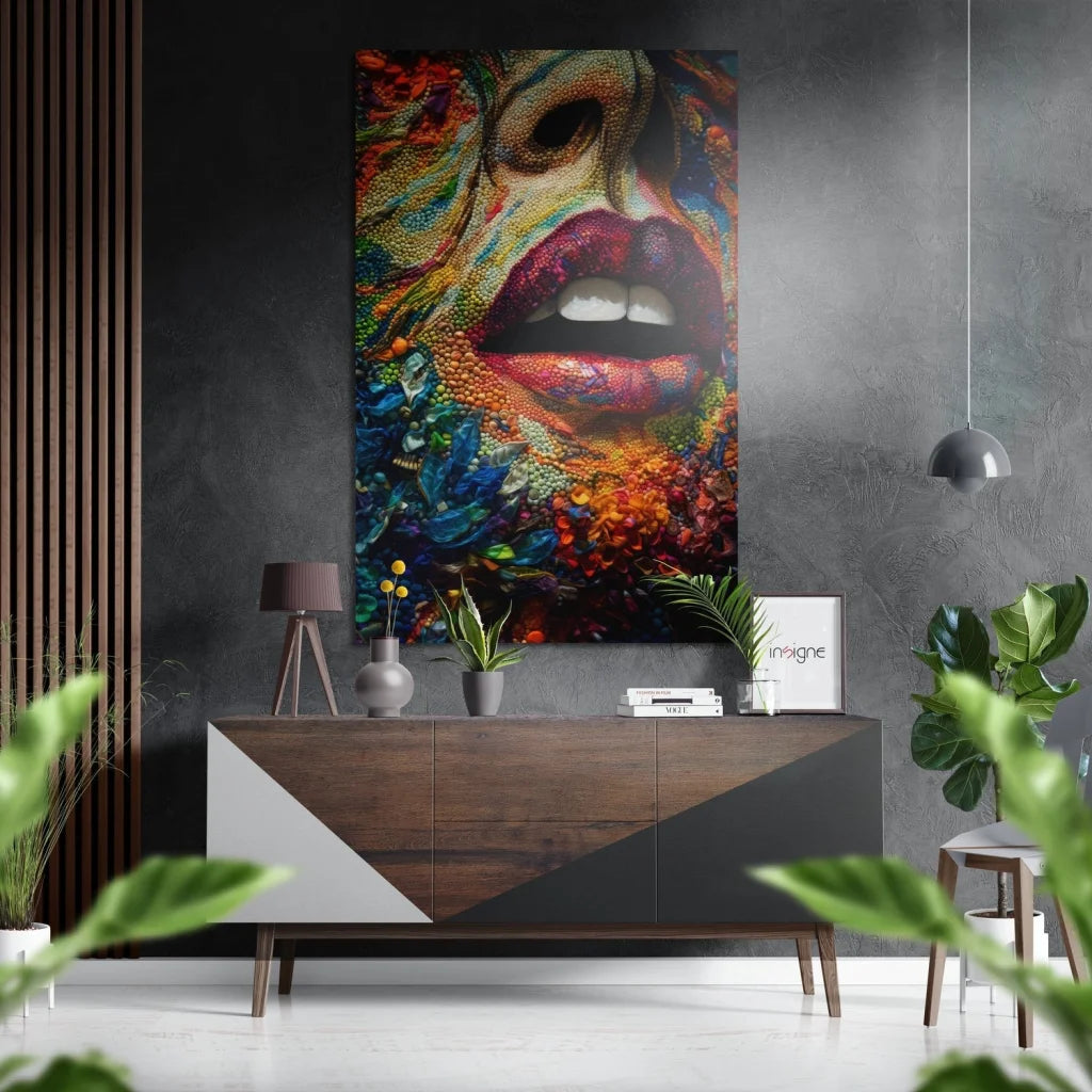 Vibrant lips face close-up on brushed aluminium dibond canvas print