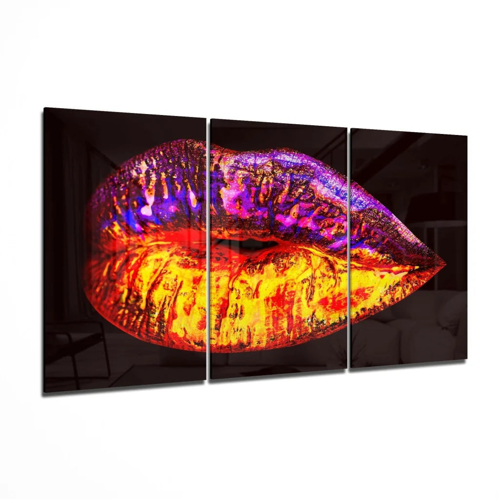 Vibrant glossy gradient lips in purple orange glitter on glass wall art