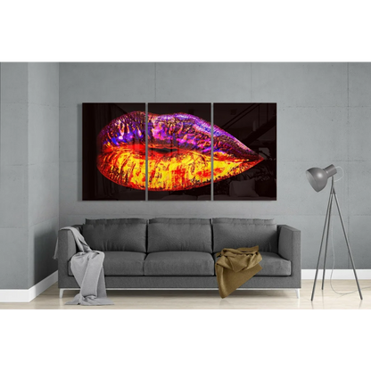 Vibrant glossy lips glass wall art in purple orange gradient hues