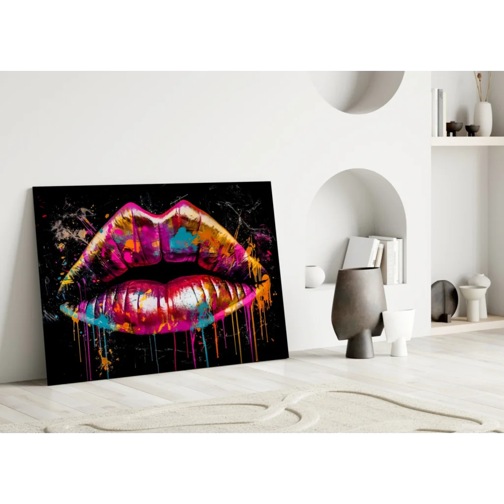 Vibrant dripping paint-splattered lips on bold pink orange glass wall art