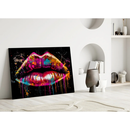 Vibrant dripping paint-splattered lips on bold pink orange glass wall art