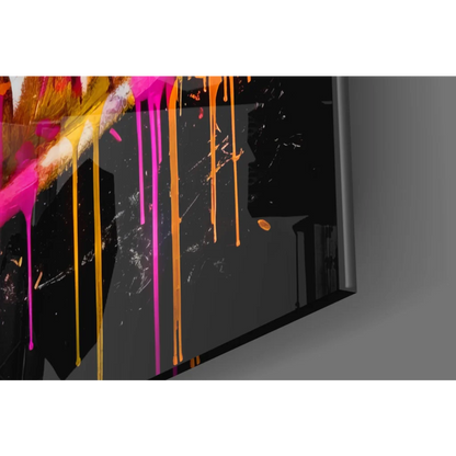 Bold pink and orange dripping paint lips on glossy black glass wall art