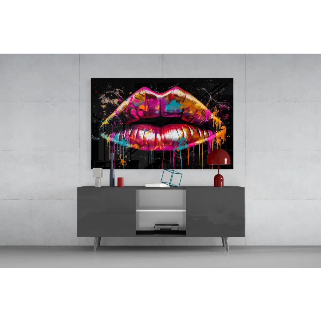 Vibrant glossy lips glass wall art with dripping paint in pink orange purple teal on black