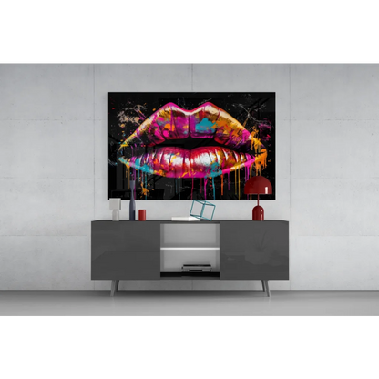 Vibrant glossy lips glass wall art with dripping paint in pink orange purple teal on black