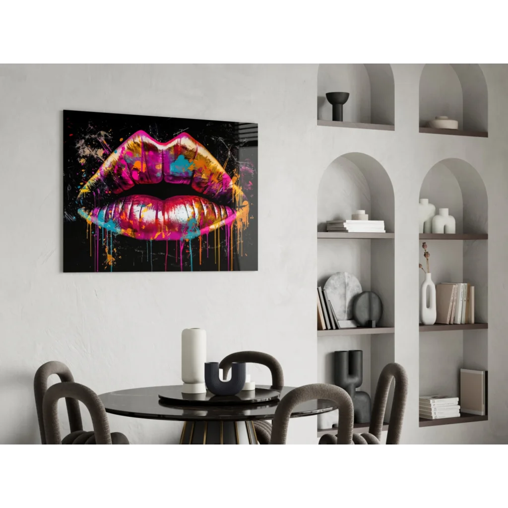 Vibrant pink and purple glossy lips with paint drips on black glass wall art