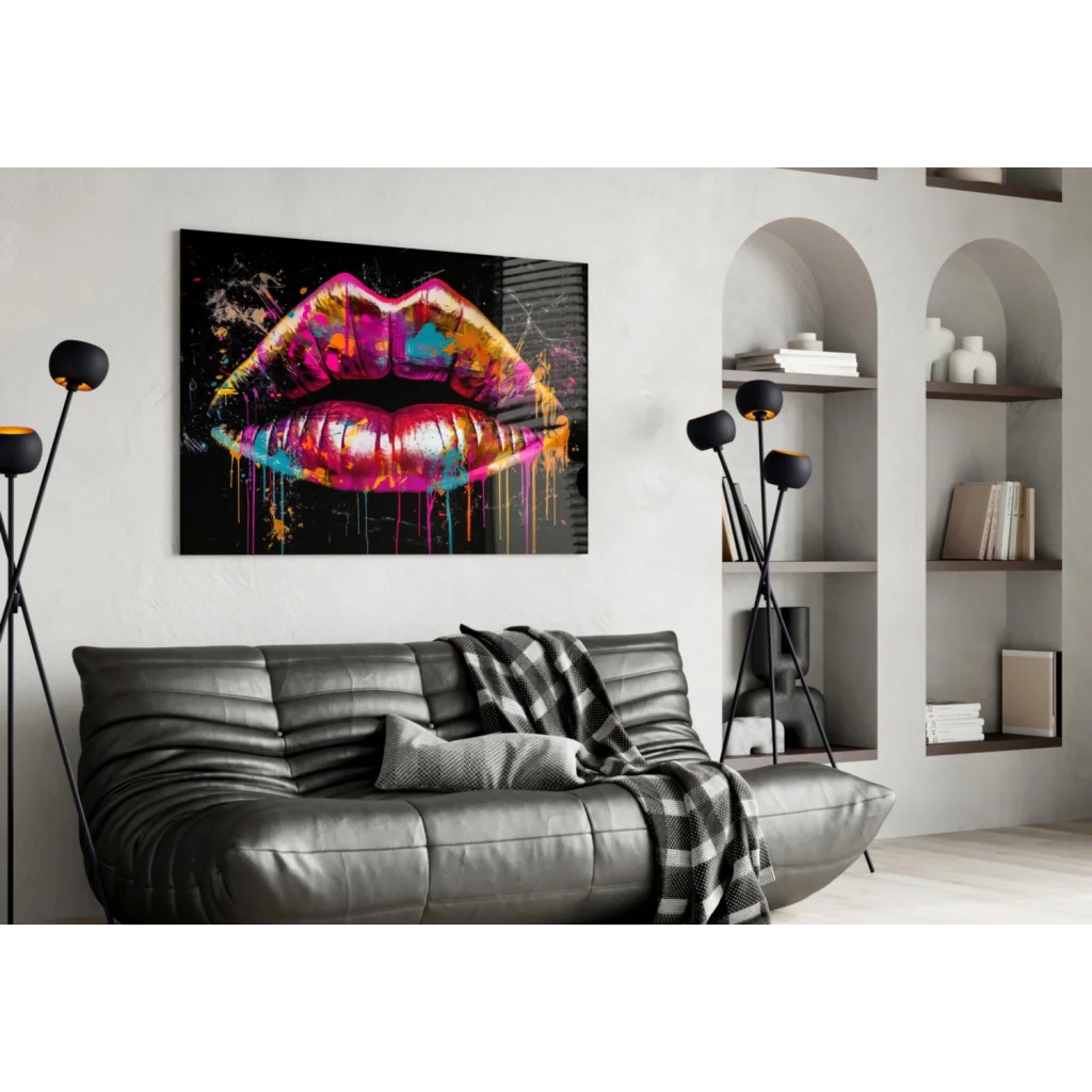 Vibrant dripping paint lips glass wall art in pink orange teal on black