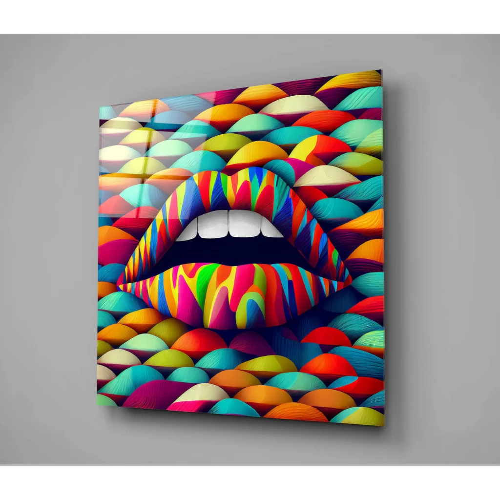 Glossy rainbow lips glass wall art with bold abstract colors