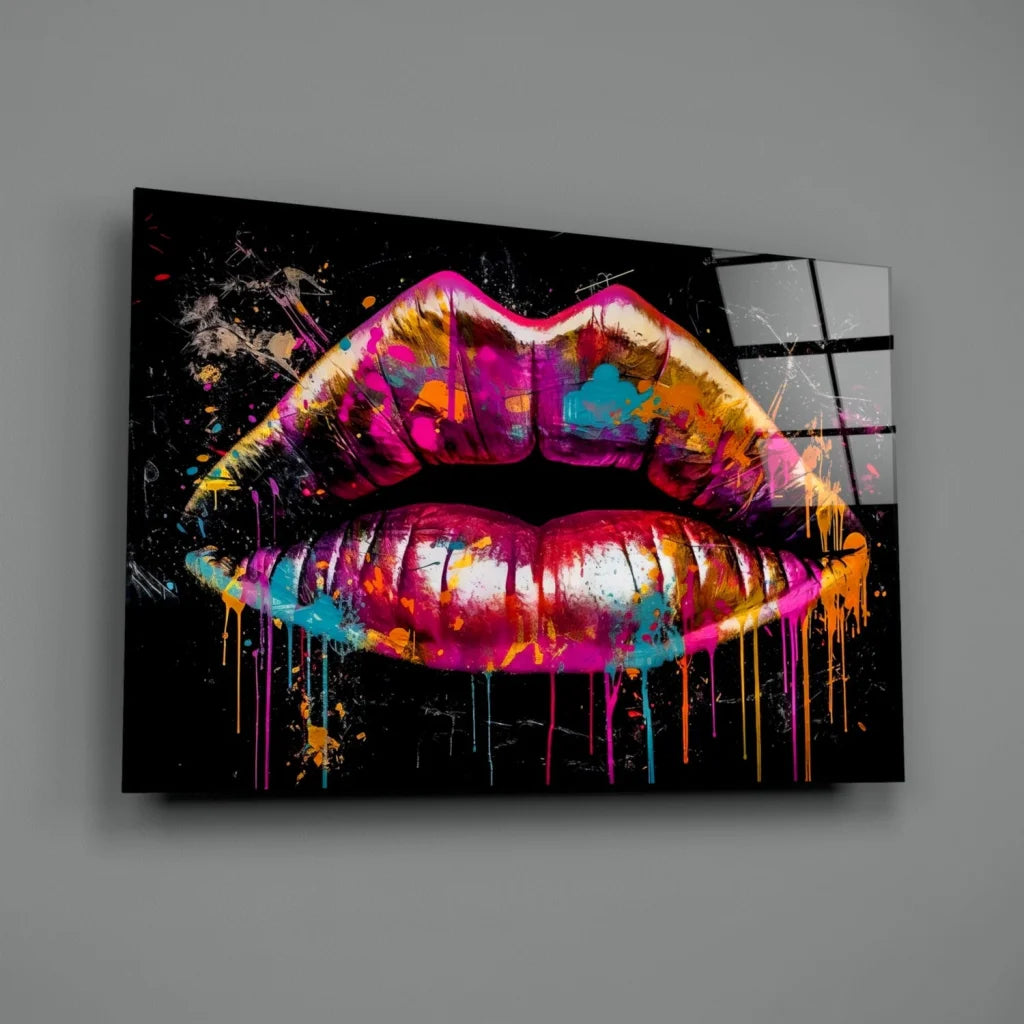 Vibrant dripping paint lips glass wall art in bold pink and magenta