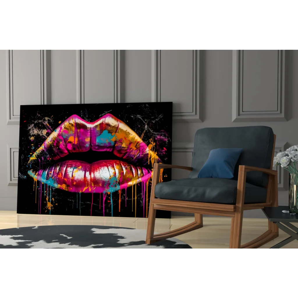 Vibrant dripping paint lips glass wall art in pink, purple, gold, teal