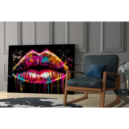 Vibrant dripping paint lips glass wall art in pink, purple, gold, teal