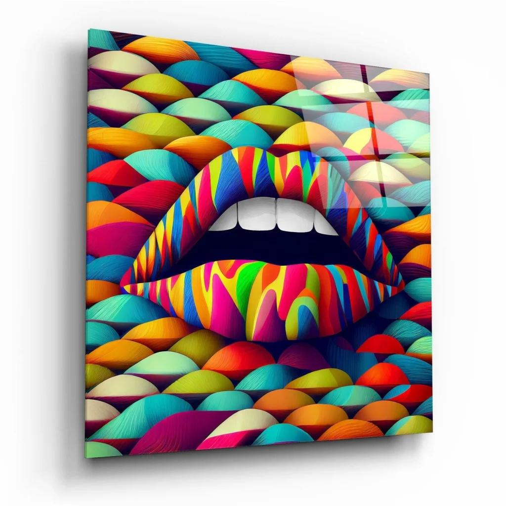 Glossy rainbow lips glass wall art with bold abstract colors