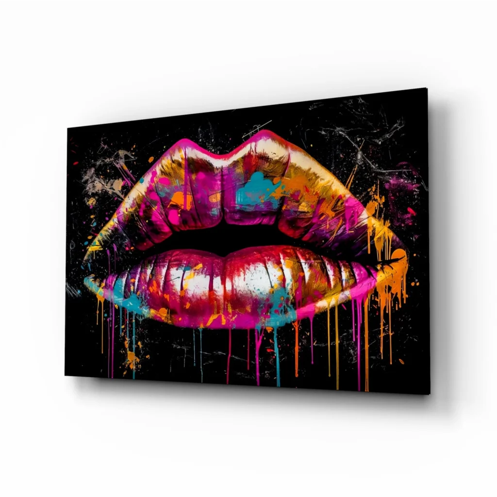 Vibrant dripping paint lips glass wall art in bold pink and orange