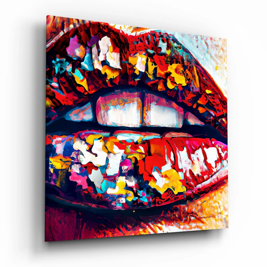 Vibrant fiery lips on tempered glass art in bold red, pink, yellow hues