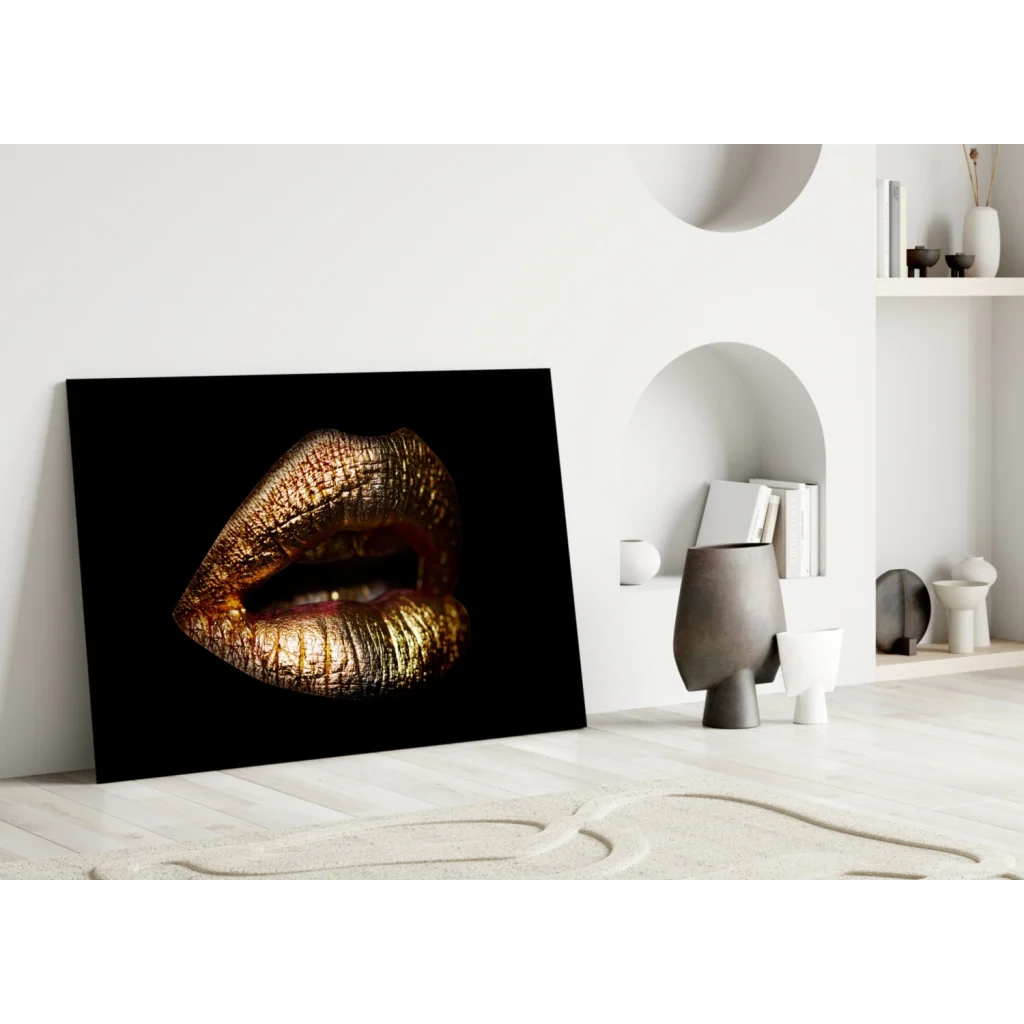 Glossy gold lips wall art canvas on black background