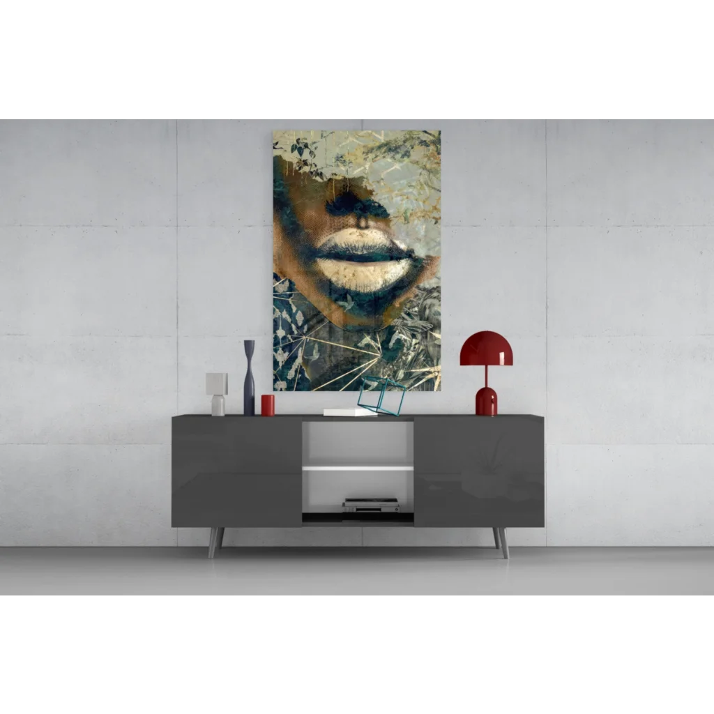 Bold lips abstract canvas wall art with gold leaf texture