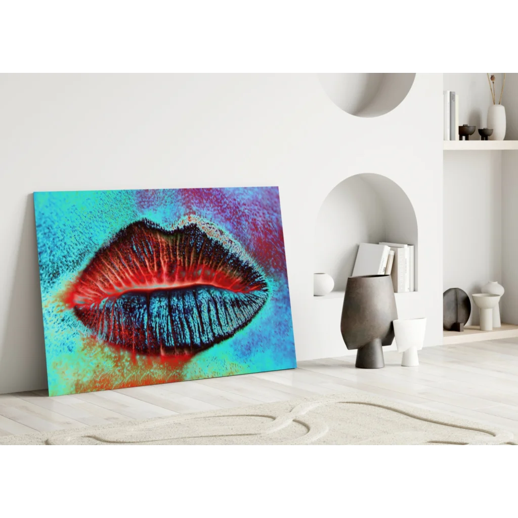 Bold pop art lips wall art canvas with vibrant red blue textured glossy finish