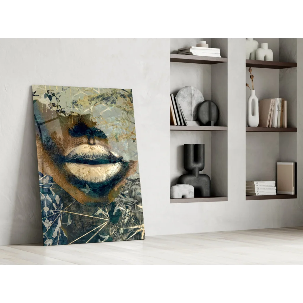 Bold lips abstract canvas wall art with gold leaf texture