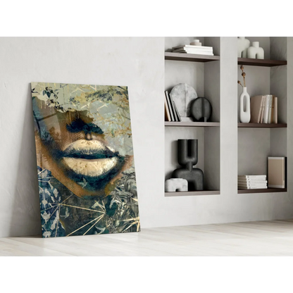 Bold lips abstract canvas wall art with gold leaf texture