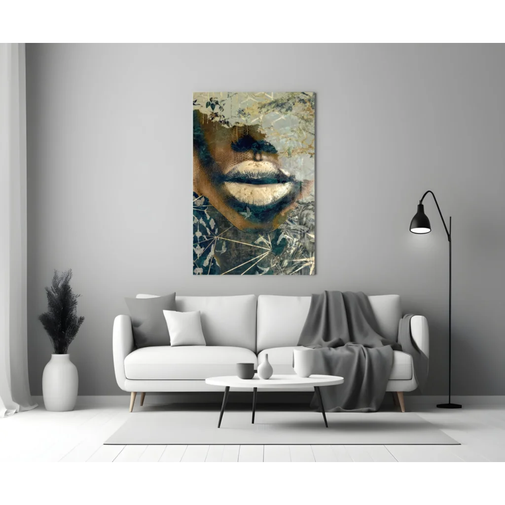 Bold lips abstract canvas wall art in gold and black on earthy textured background