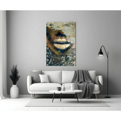 Bold lips abstract canvas wall art in gold and black on earthy textured background
