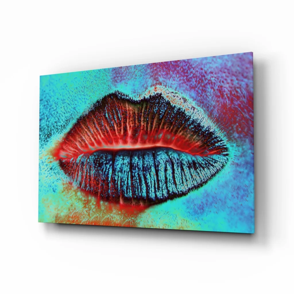 Bold pop art lips wall art canvas print in vibrant red, blue on textured turquoise background
