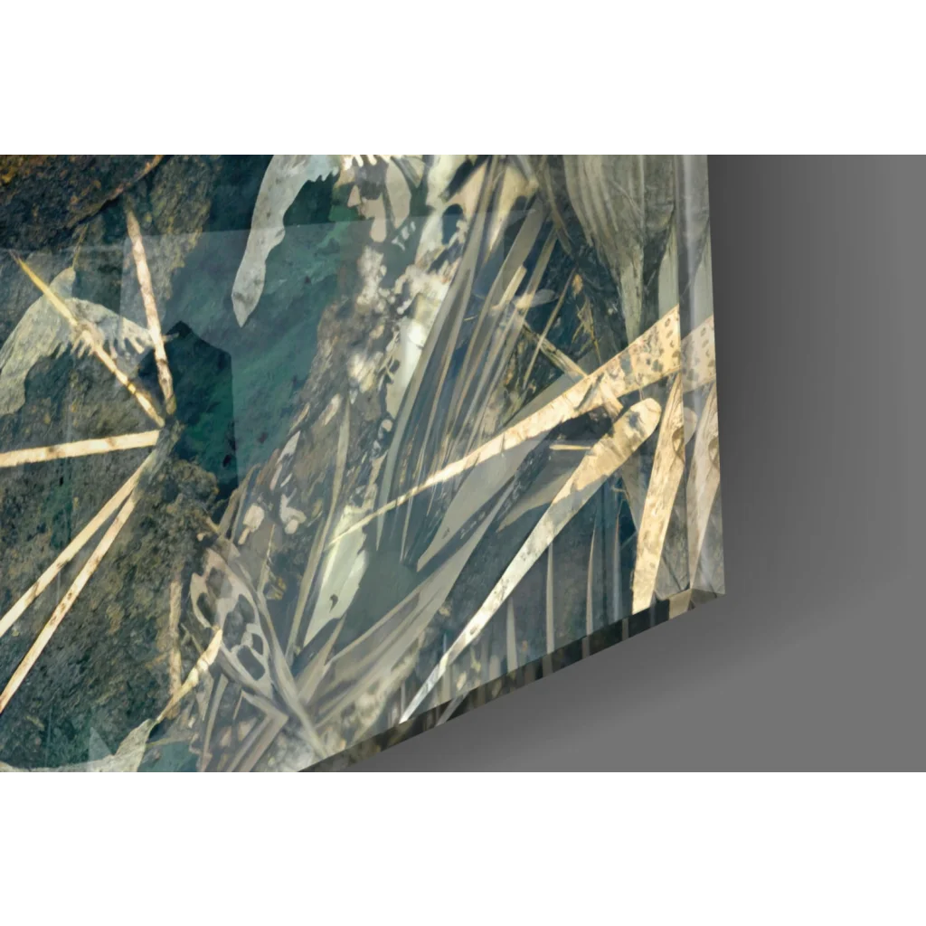 Fractured teal and gold glass wall art with bold lips design