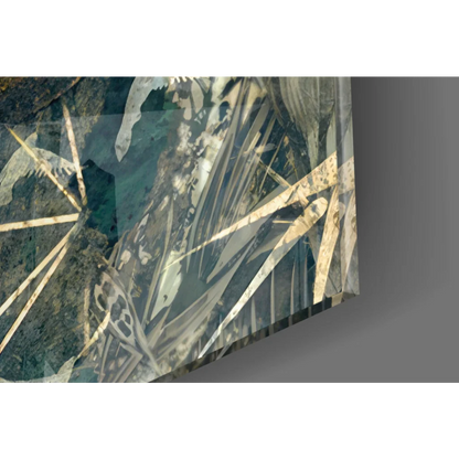 Fractured teal and gold glass wall art with bold lips design