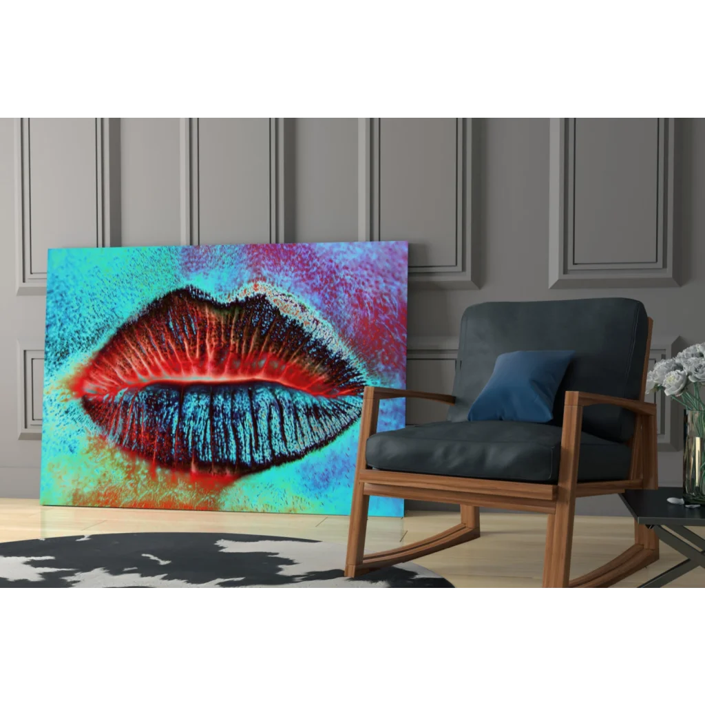 Bold pop art lips glass wall art with vibrant red blue lips on textured turquoise pink orange background