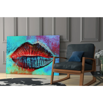 Bold pop art lips glass wall art with vibrant red blue lips on textured turquoise pink orange background