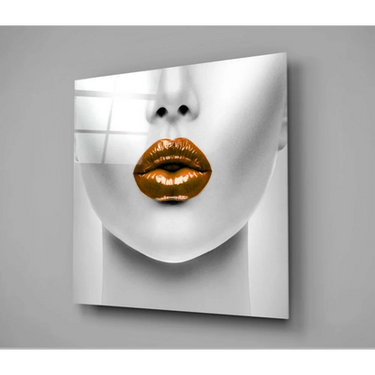 Glossy Gold Lips Abstract Glass Wall Art Print | Glass Wall Art Print | vintageantiquesgifts.com