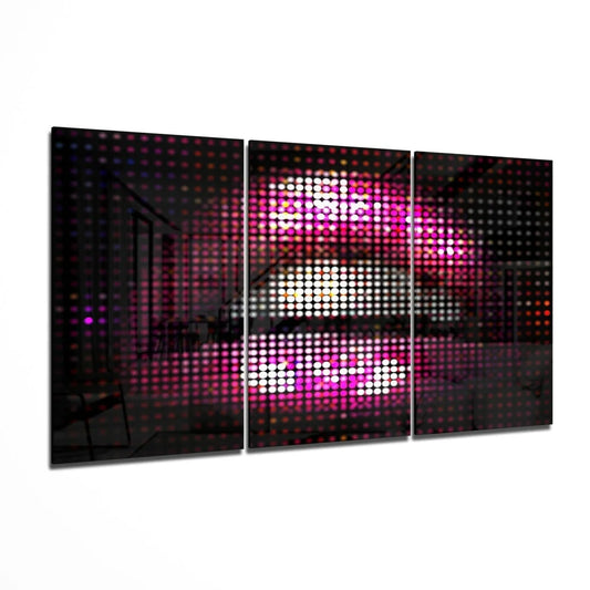 Glowing pink lips glass wall art triptych LED panel on dark glass