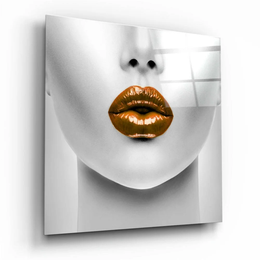 Glossy Gold Lips Abstract Glass Wall Art Print | Insigneart USA | vintageantiquesgifts.com