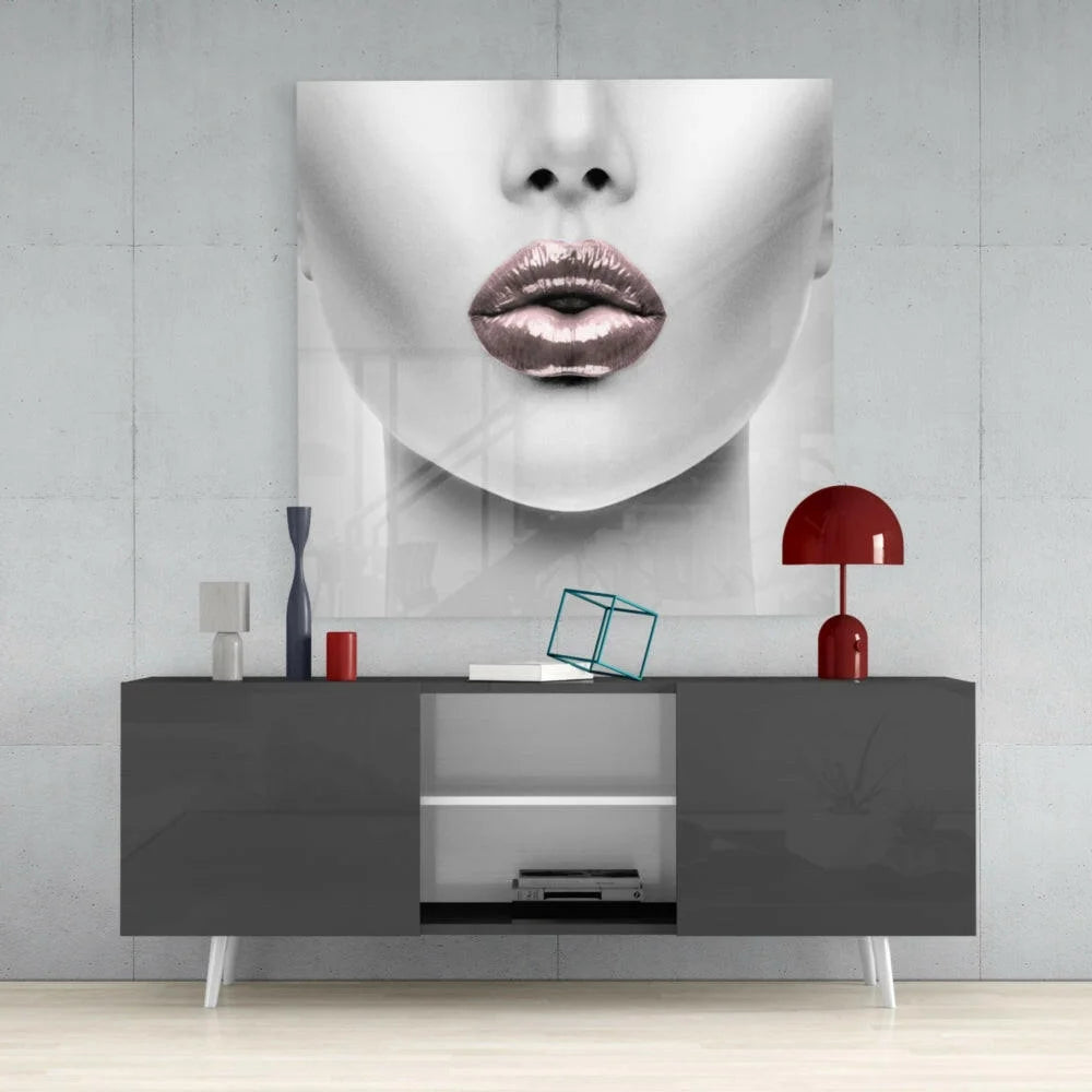 Striking rose gold lips glass wall art canvas print in black and white