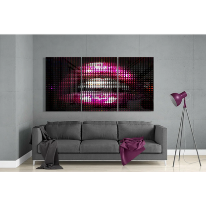 Vibrant pink pixelated lips glass wall art triptych LED panel
