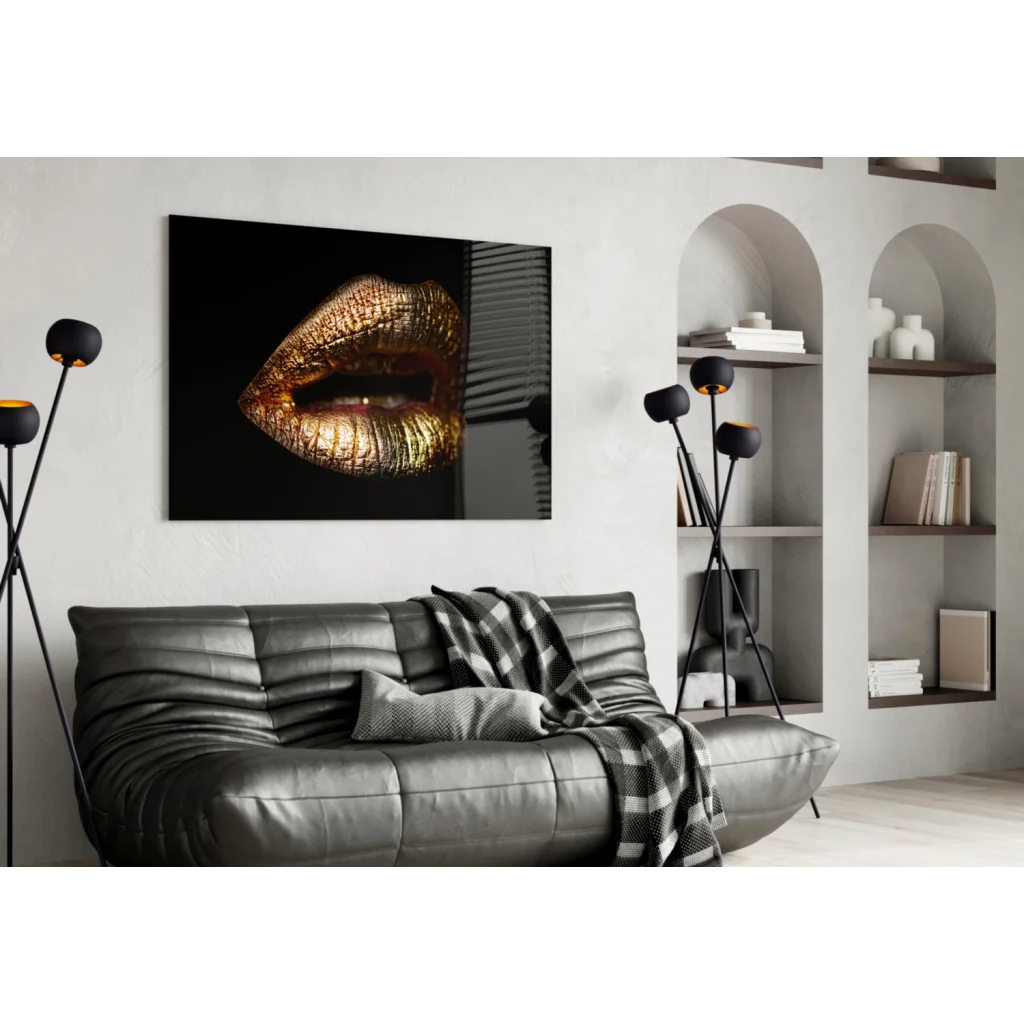 Glossy gold lips canvas wall art on black background