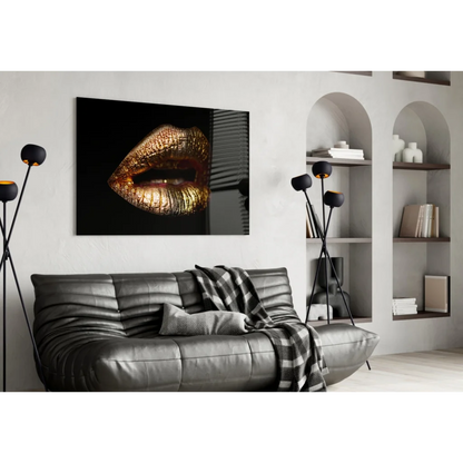 Glossy gold lips canvas wall art on black background
