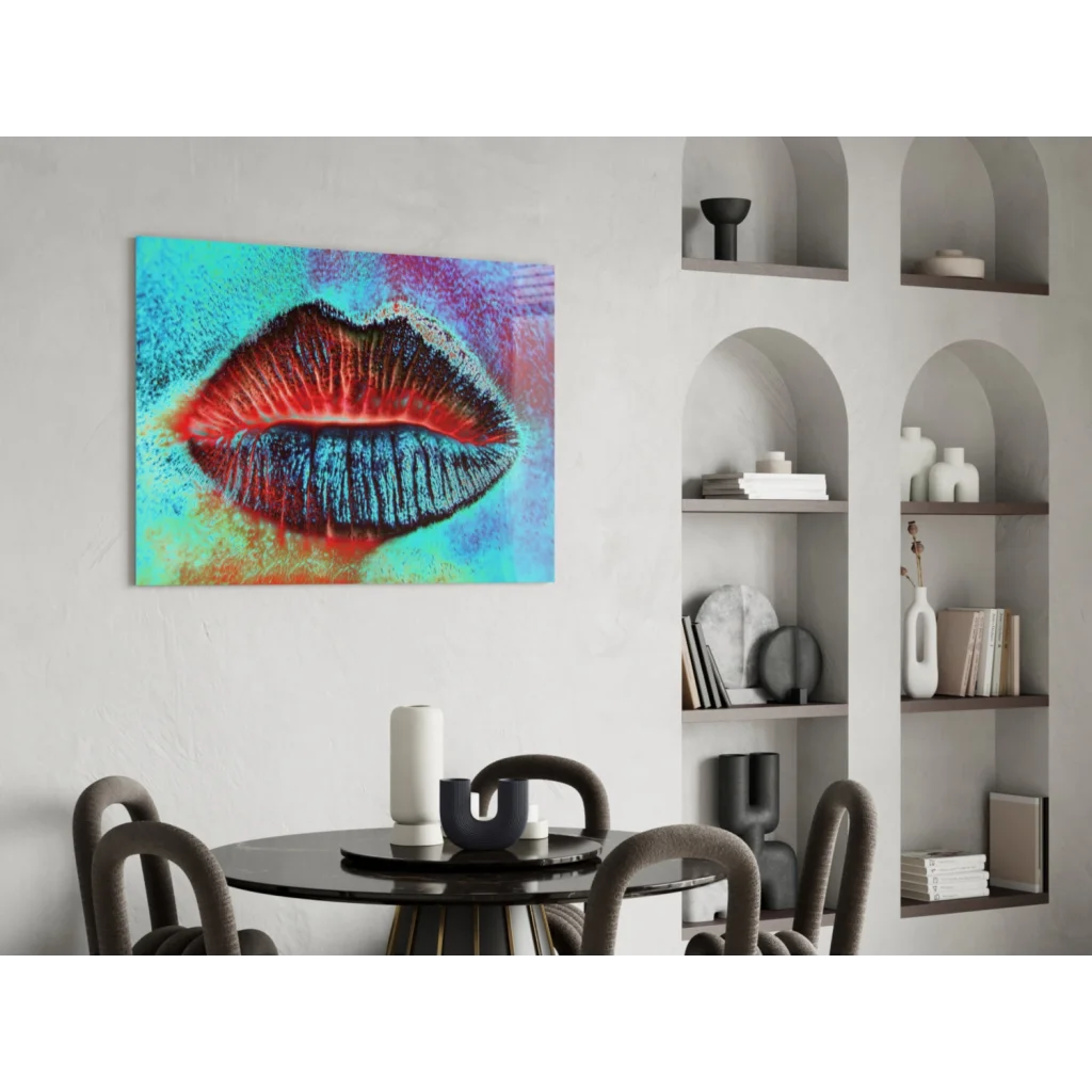 Vibrant pop art lips wall art canvas in bold red and blue on turquoise texture