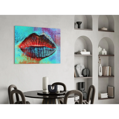 Vibrant pop art lips wall art canvas in bold red and blue on turquoise texture