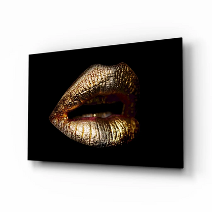 Glossy gold lips wall art canvas print on black background