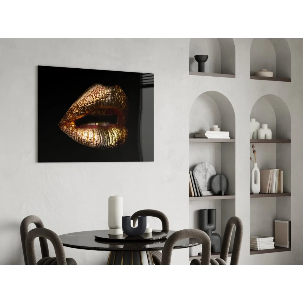 Glossy gold lips canvas wall art on black background