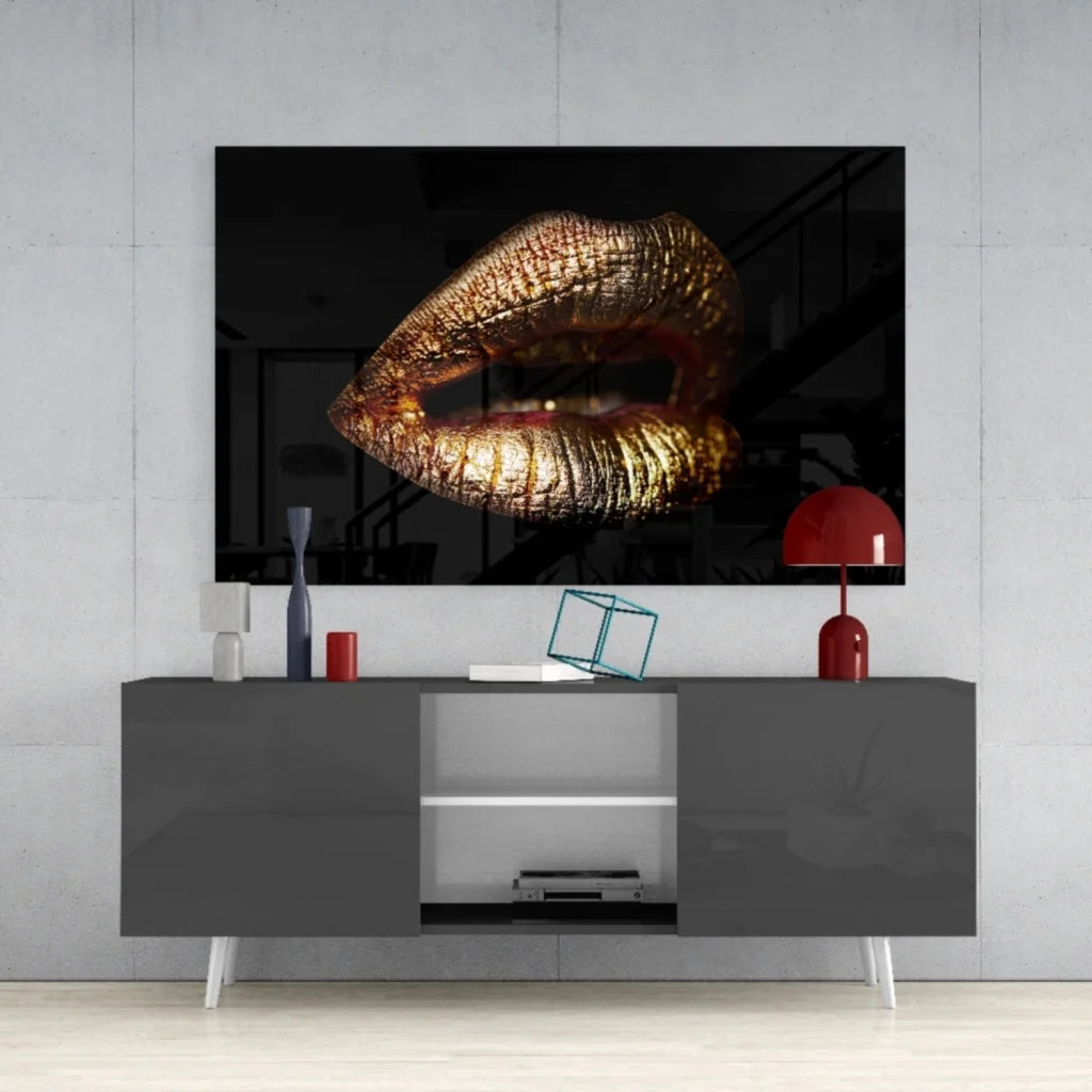 Glossy gold lips wall art canvas print on black background