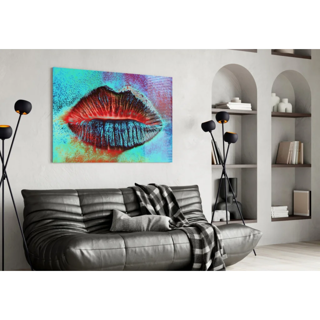 Bold pop art lips wall art canvas in red blue on turquoise