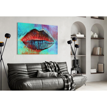 Bold pop art lips wall art canvas in red blue on turquoise