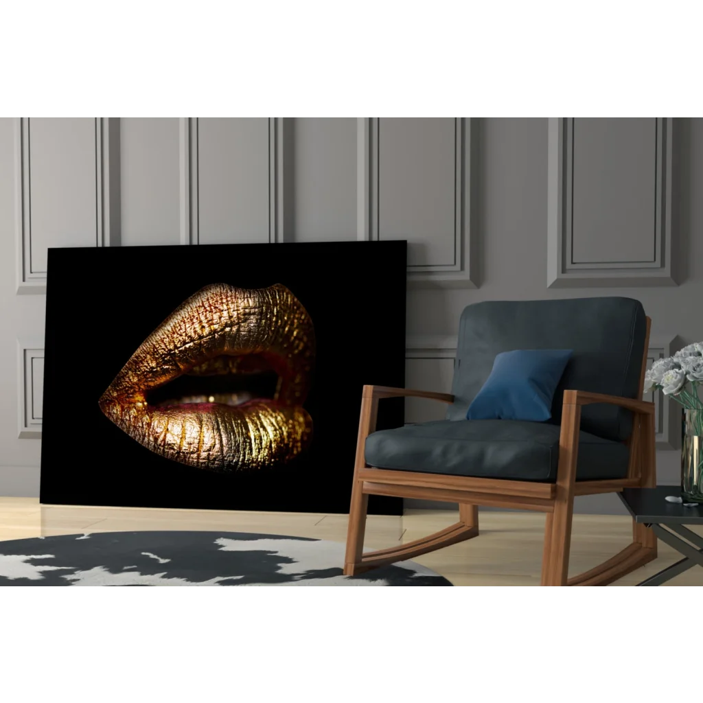 Glossy gold lips canvas wall art on black background