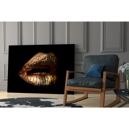 Glossy gold lips canvas wall art on black background