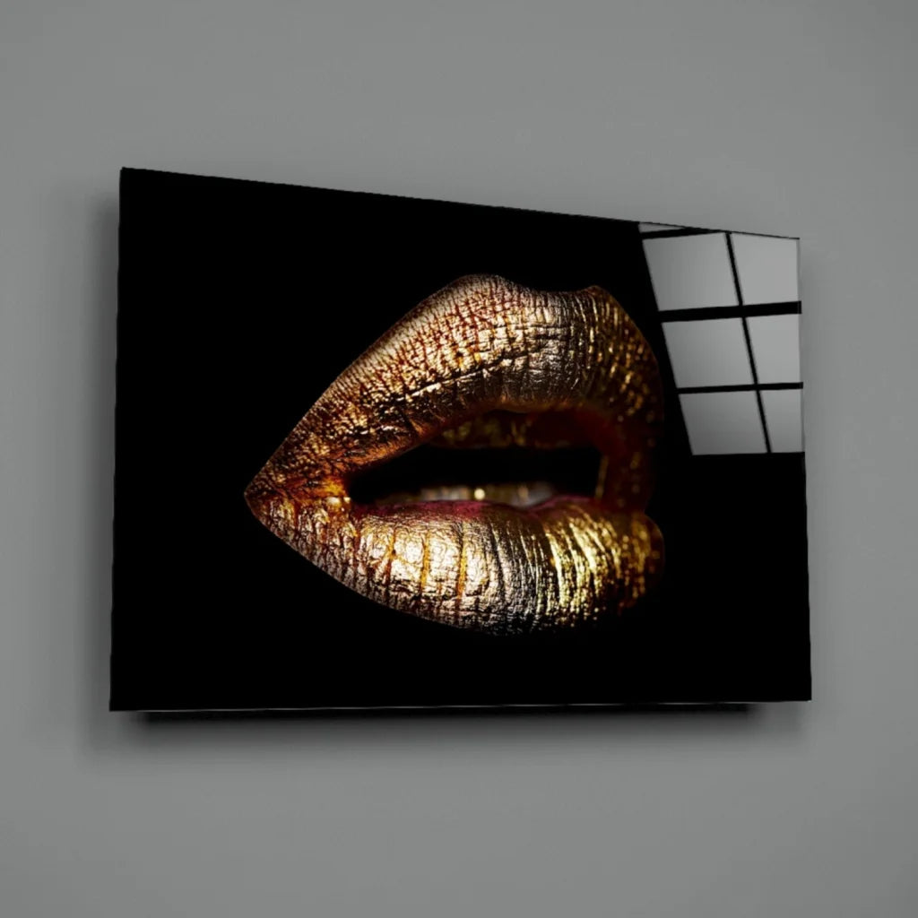 Glossy gold lips wall art canvas print on black background