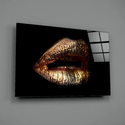 Glossy gold lips wall art canvas print on black background