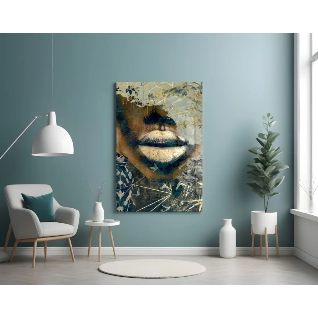 Bold lips abstract canvas wall art with gold leaf texture