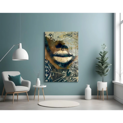 Bold lips abstract canvas wall art with gold leaf texture